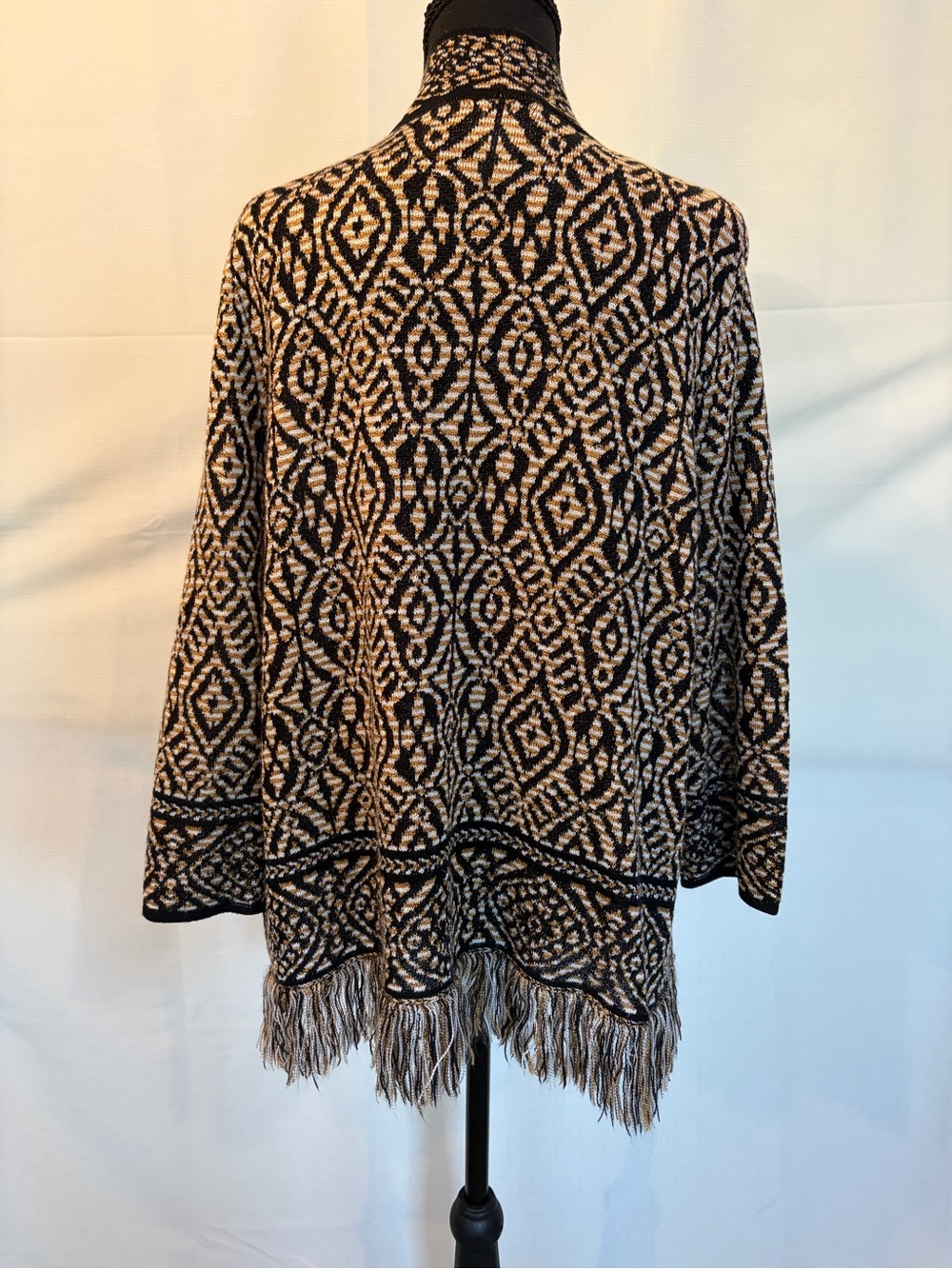 Anne Klein Black & Tan Fringed Open-Front Coatigan - Picture 2 of 5